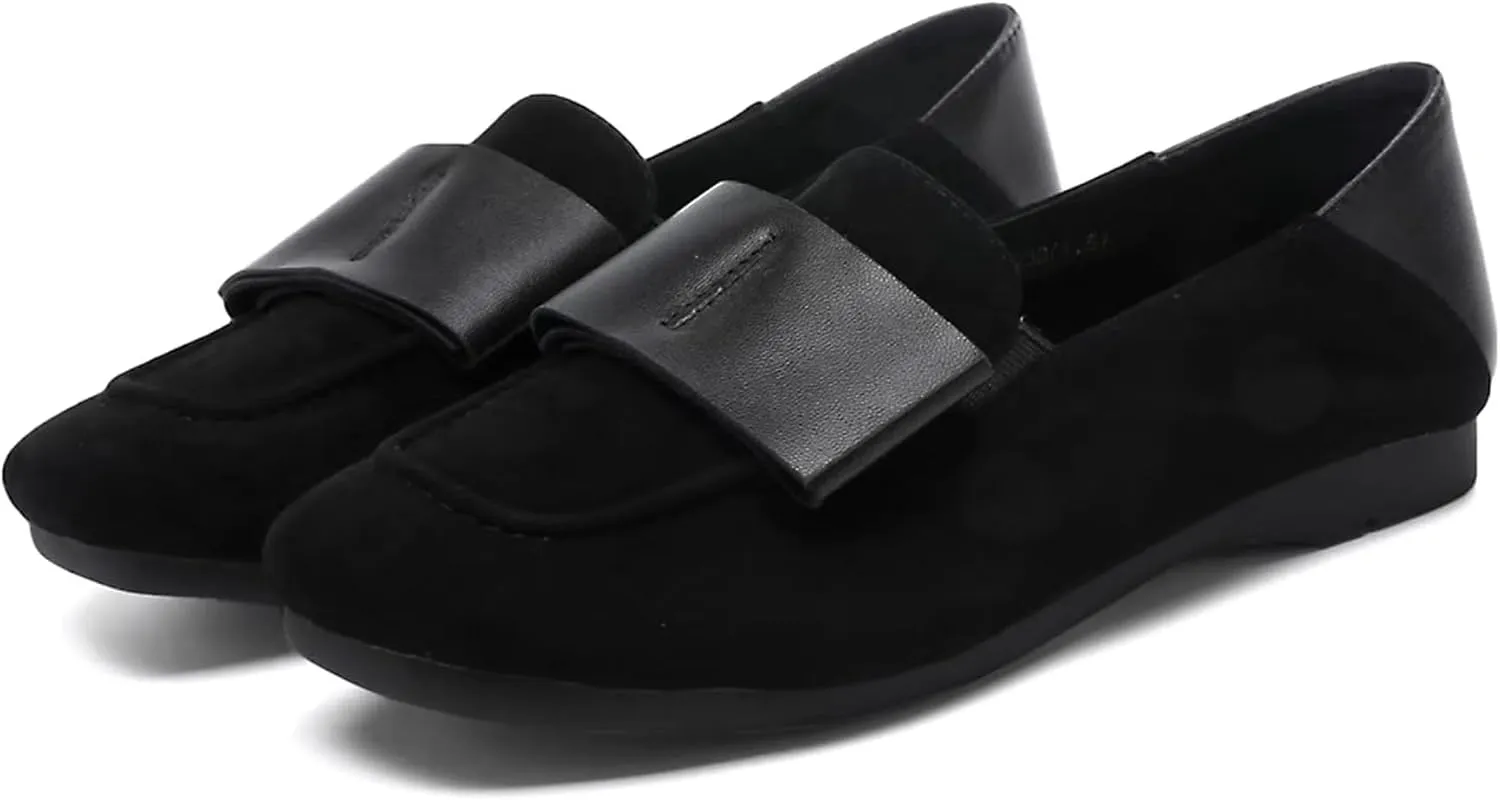 Fashionable Suede Women‘s Square Toe Flats with Bow,Slip On Penny Loafer for Women Platforms Low-Heel,Womens Shoes Dressy Casual,Comfortable&Lightweight