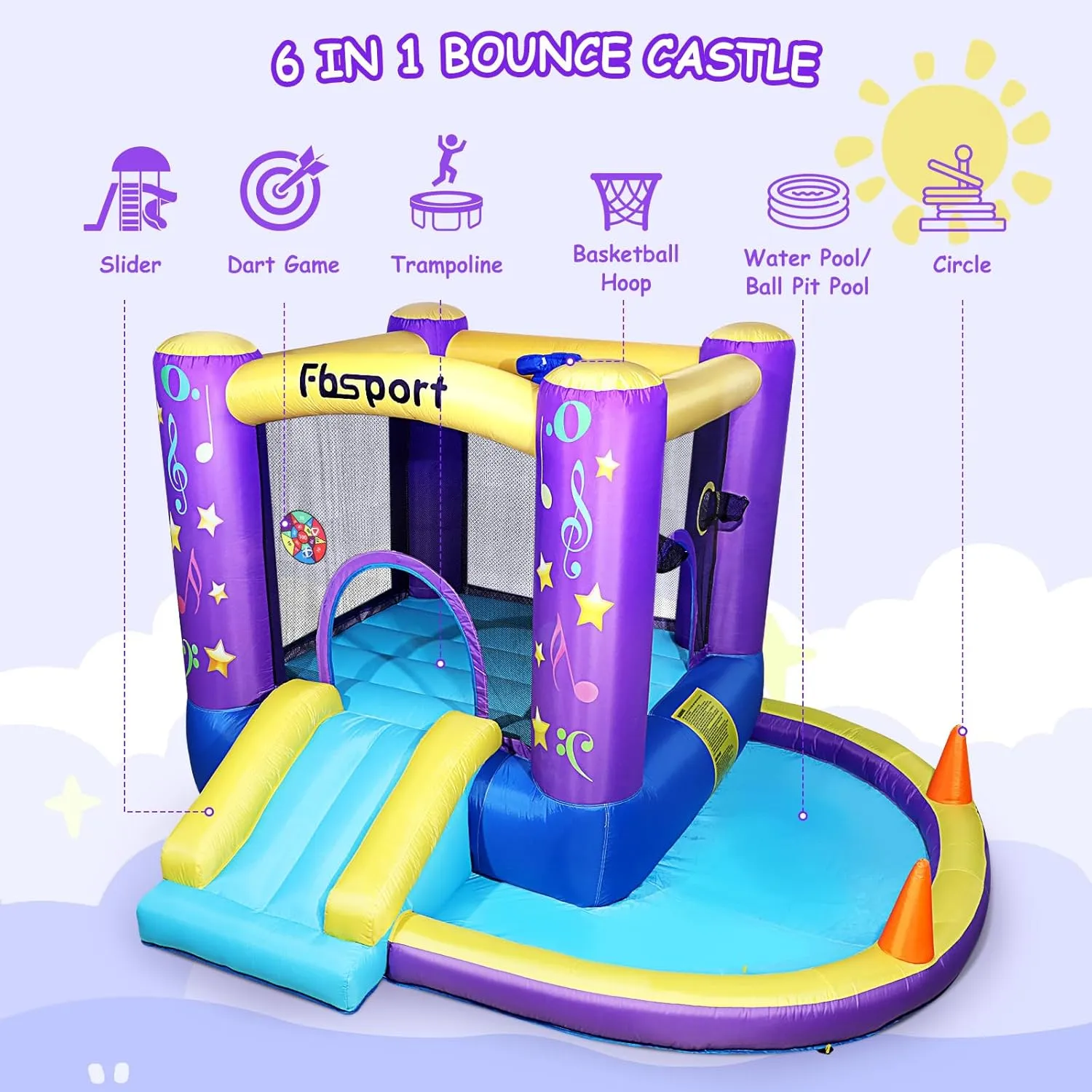 FBSPORT Inflatable Bounce House, Kids Bounce Castle Slide for Indoor Outdoor, Toddler Baby Water Jumper Bouncer, Kids Jumping Bouncy House with Blower, Ball Pit Pool, Basketball Hoop, Dart Game,Purple
