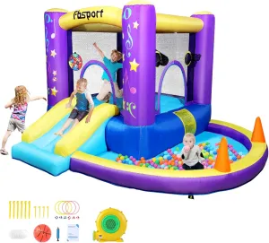 FBSPORT Inflatable Bounce House, Kids Bounce Castle Slide for Indoor Outdoor, Toddler Baby Water Jumper Bouncer, Kids Jumping Bouncy House with Blower, Ball Pit Pool, Basketball Hoop, Dart Game,Purple
