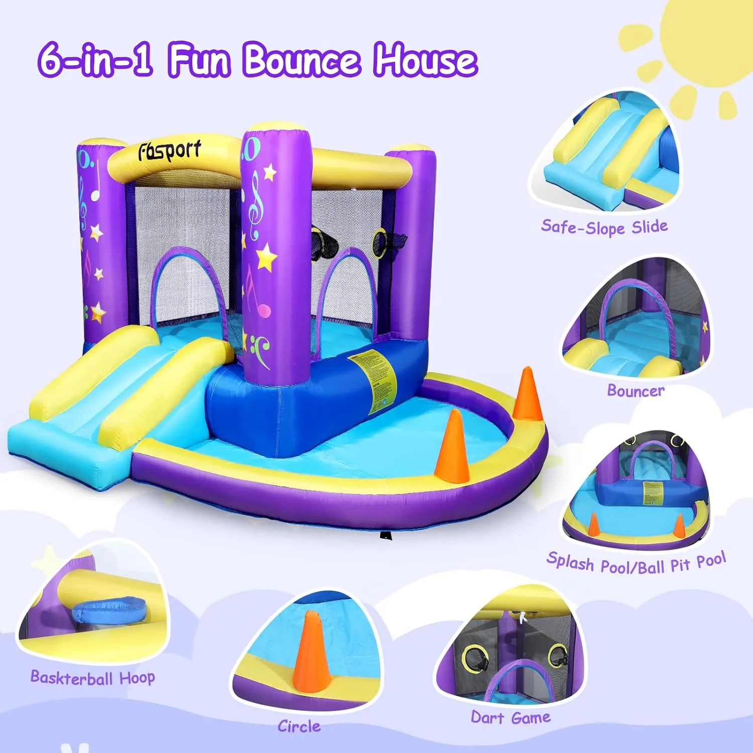 FBSPORT Inflatable Bounce House, Kids Bounce Castle Slide for Indoor Outdoor, Toddler Baby Water Jumper Bouncer, Kids Jumping Bouncy House with Blower, Ball Pit Pool, Basketball Hoop, Dart Game,Purple