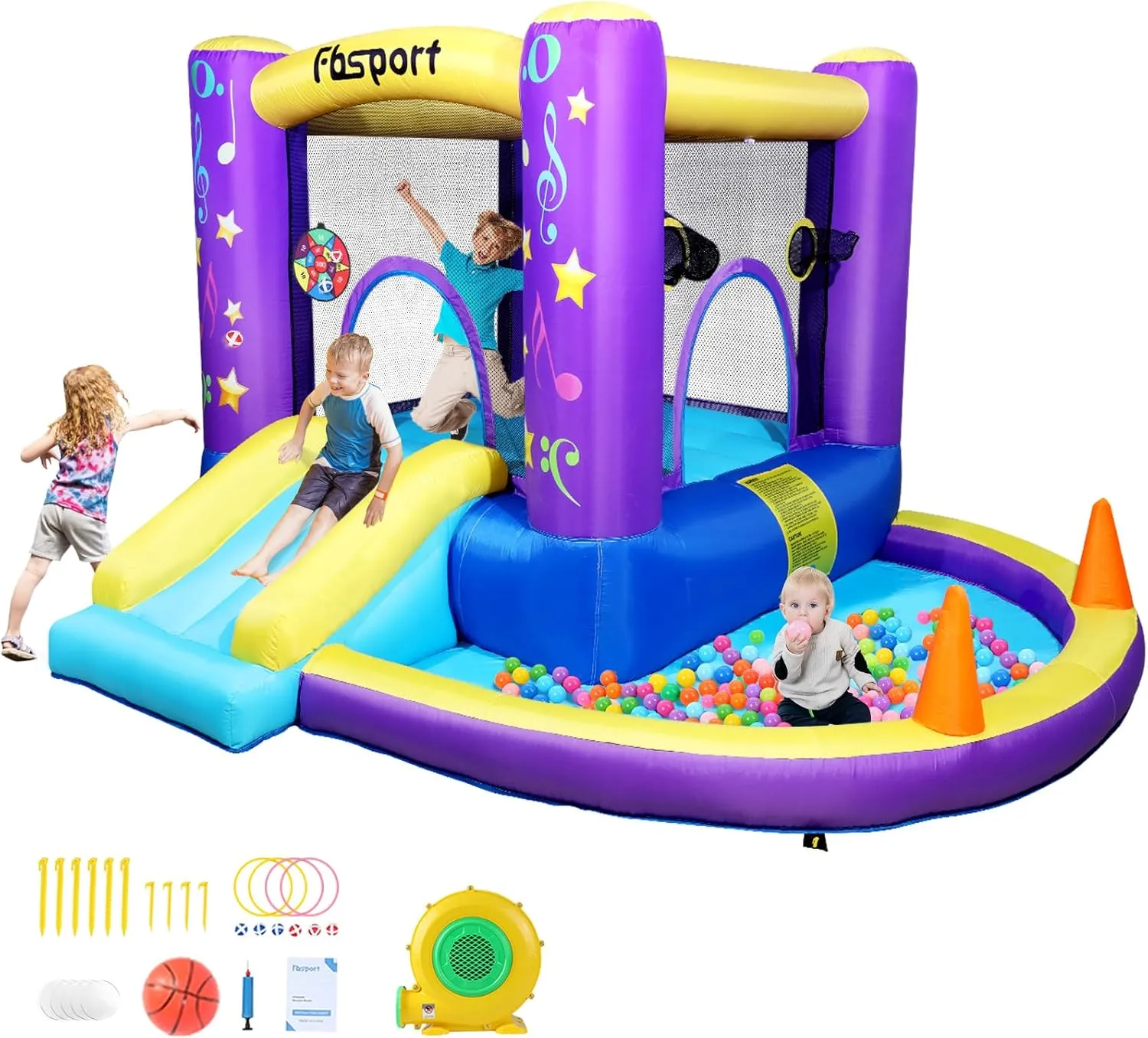 FBSPORT Inflatable Bounce House, Kids Bounce Castle Slide for Indoor Outdoor, Toddler Baby Water Jumper Bouncer, Kids Jumping Bouncy House with Blower, Ball Pit Pool, Basketball Hoop, Dart Game,Purple