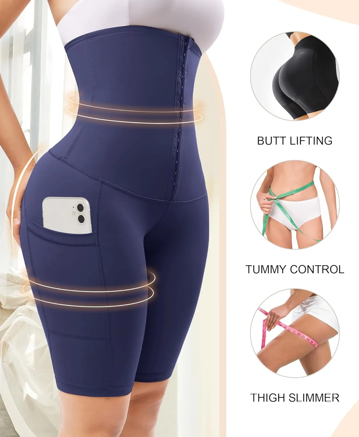 FeelinGirl Womens Tummy Control Waist Trainer High Waisted Shorts Corset Body Shaper Shapewear with Pockets