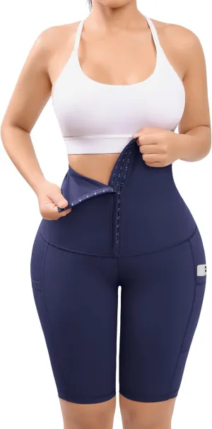 FeelinGirl Womens Tummy Control Waist Trainer High Waisted Shorts Corset Body Shaper Shapewear with Pockets