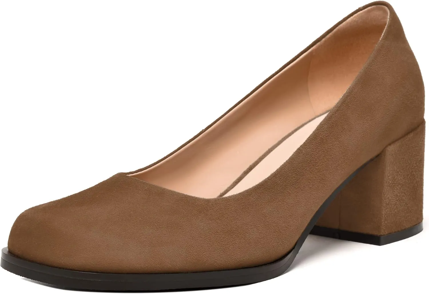FEMSTEP Womens Suede Leather Dating Square Toe Slip On Cute Chunky Low Heel Pumps Shoes 2.2 Inch