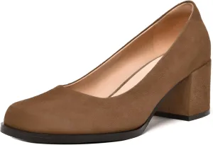 FEMSTEP Womens Suede Leather Dating Square Toe Slip On Cute Chunky Low Heel Pumps Shoes 2.2 Inch