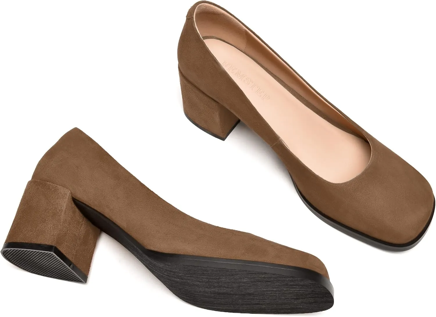 FEMSTEP Womens Suede Leather Dating Square Toe Slip On Cute Chunky Low Heel Pumps Shoes 2.2 Inch