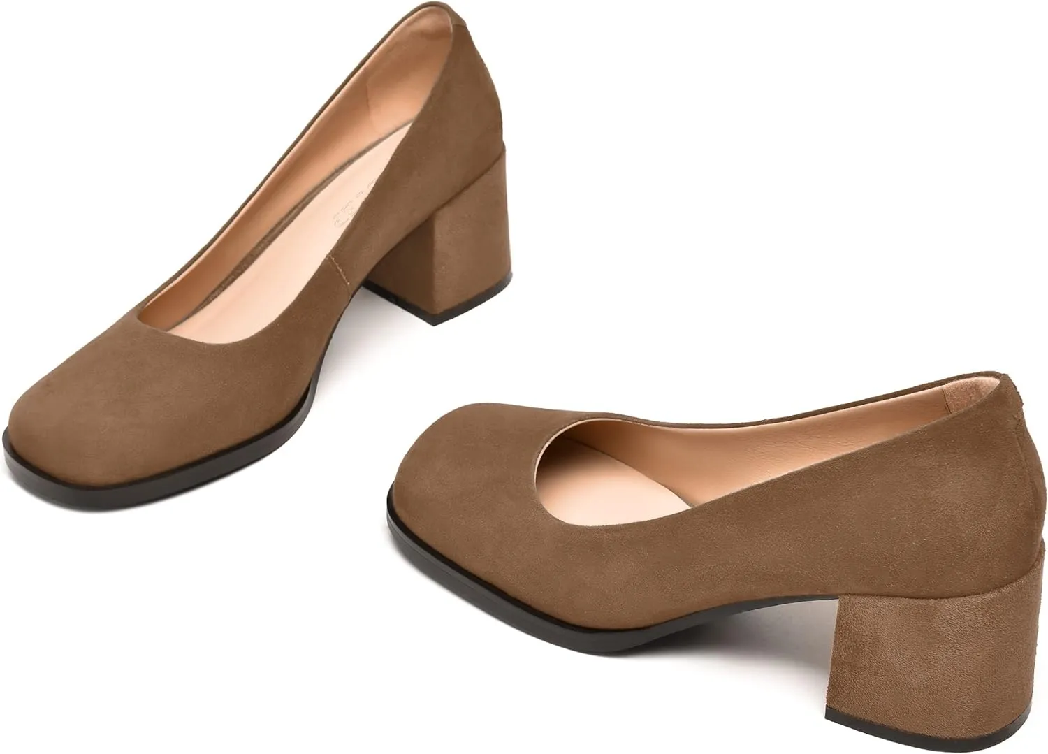 FEMSTEP Womens Suede Leather Dating Square Toe Slip On Cute Chunky Low Heel Pumps Shoes 2.2 Inch