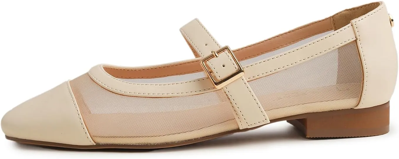 FEVERSOLE Women's Mary Jane Fashion Square Toe Easy Buckle Low Heel Slip On Flats