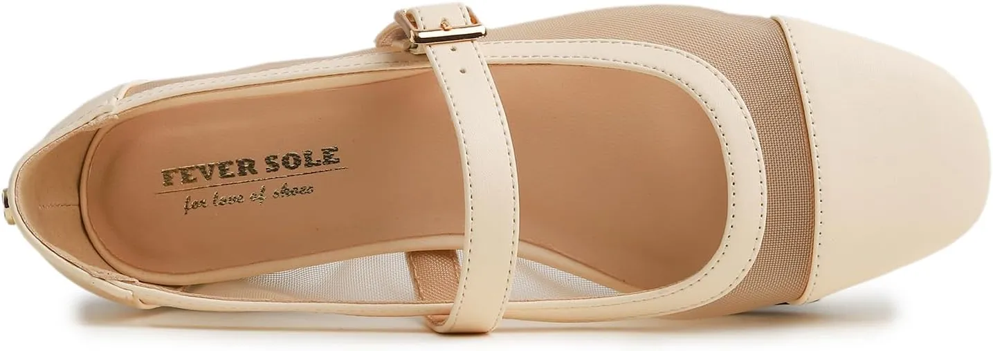 FEVERSOLE Women's Mary Jane Fashion Square Toe Easy Buckle Low Heel Slip On Flats