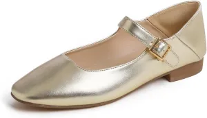 FEVERSOLE Women's Mary Jane Fashion Square Toe Easy Buckle Low Heel Slip On Flats