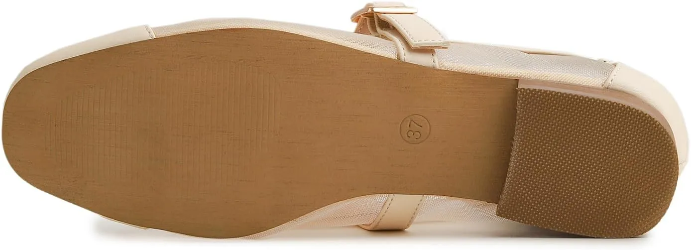 FEVERSOLE Women's Mary Jane Fashion Square Toe Easy Buckle Low Heel Slip On Flats