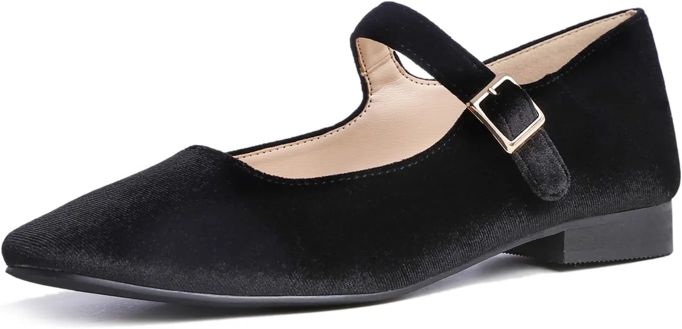 FEVERSOLE Women's Mary Jane Fashion Square Toe Easy Buckle Low Heel Slip On Flats