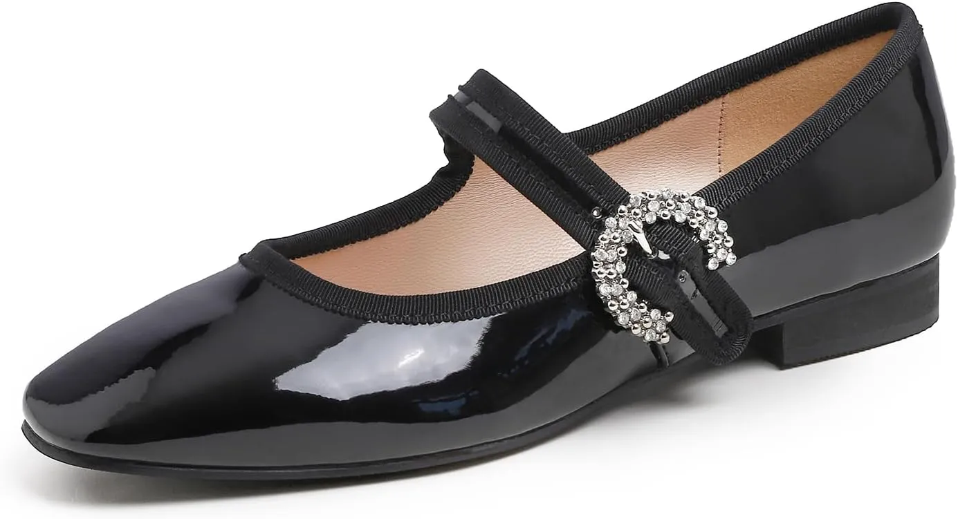 FEVERSOLE Women's Mary Jane Fashion Square Toe Easy Buckle Low Heel Slip On Flats