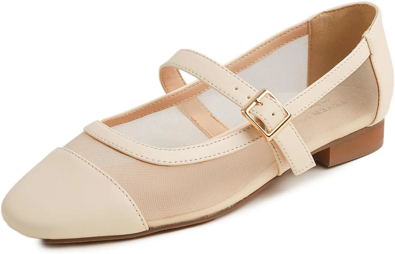 FEVERSOLE Women's Mary Jane Fashion Square Toe Easy Buckle Low Heel Slip On Flats