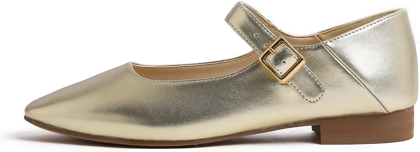 FEVERSOLE Women's Mary Jane Fashion Square Toe Easy Buckle Low Heel Slip On Flats