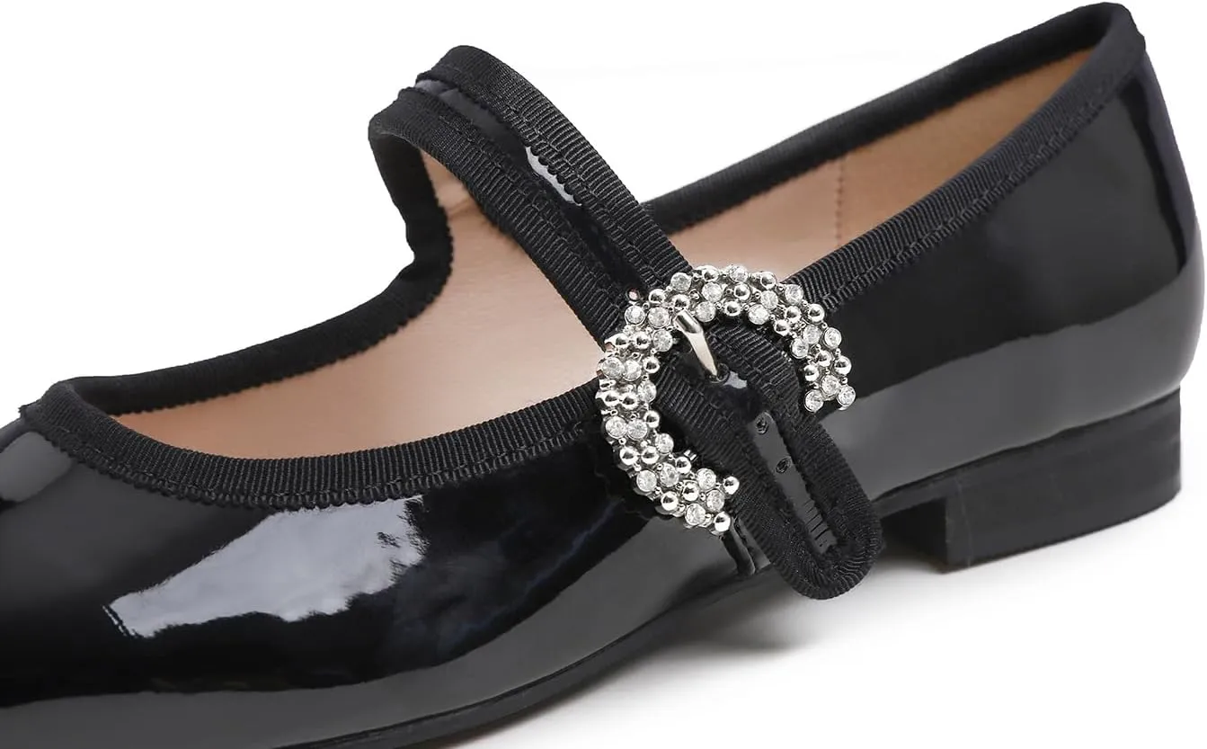 FEVERSOLE Women's Mary Jane Fashion Square Toe Easy Buckle Low Heel Slip On Flats