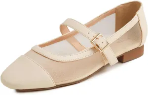 FEVERSOLE Women's Mary Jane Fashion Square Toe Easy Buckle Low Heel Slip On Flats