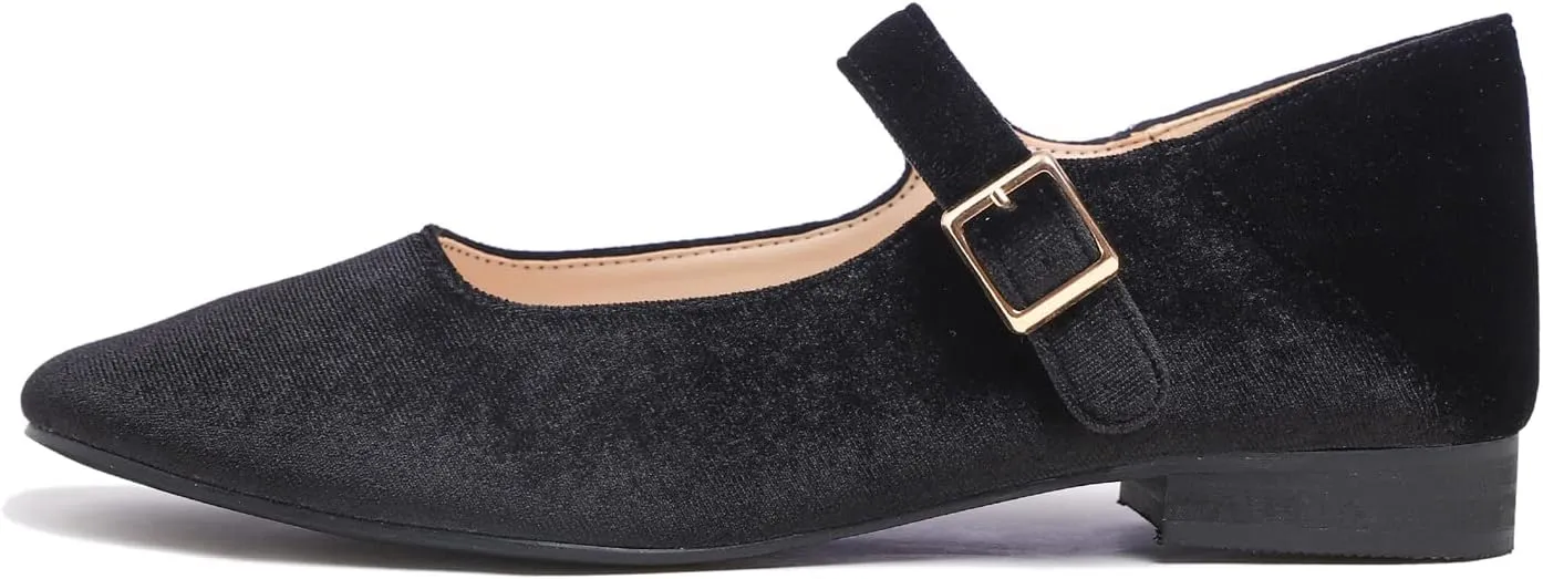 FEVERSOLE Women's Mary Jane Fashion Square Toe Easy Buckle Low Heel Slip On Flats