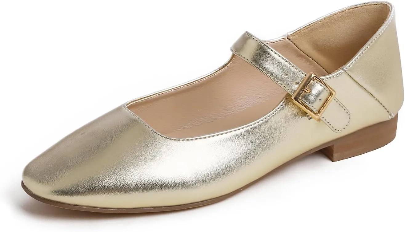 FEVERSOLE Women's Mary Jane Fashion Square Toe Easy Buckle Low Heel Slip On Flats