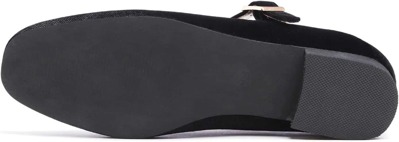 FEVERSOLE Women's Mary Jane Fashion Square Toe Easy Buckle Low Heel Slip On Flats