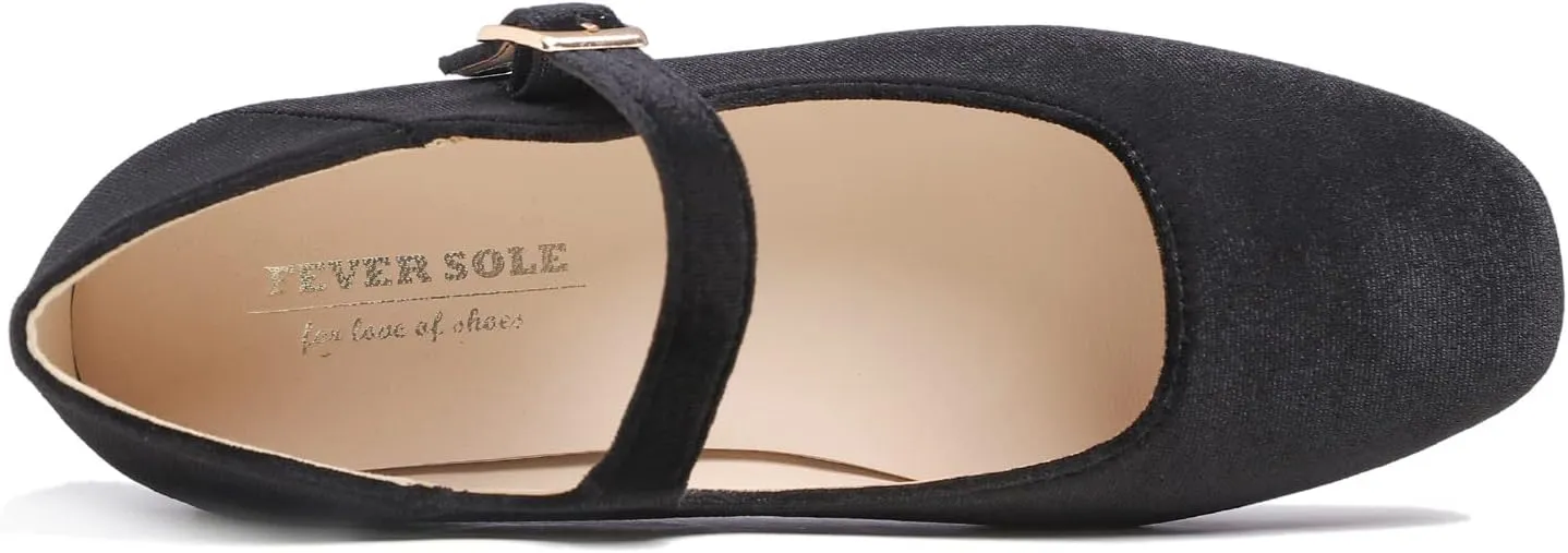 FEVERSOLE Women's Mary Jane Fashion Square Toe Easy Buckle Low Heel Slip On Flats