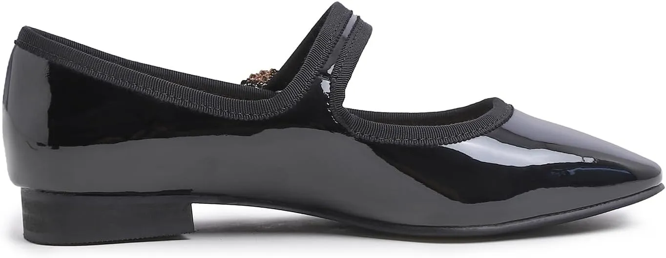 FEVERSOLE Women's Mary Jane Fashion Square Toe Easy Buckle Low Heel Slip On Flats