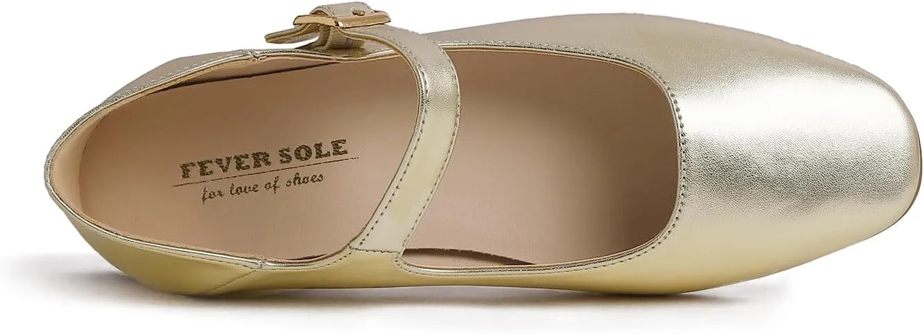 FEVERSOLE Women's Mary Jane Fashion Square Toe Easy Buckle Low Heel Slip On Flats