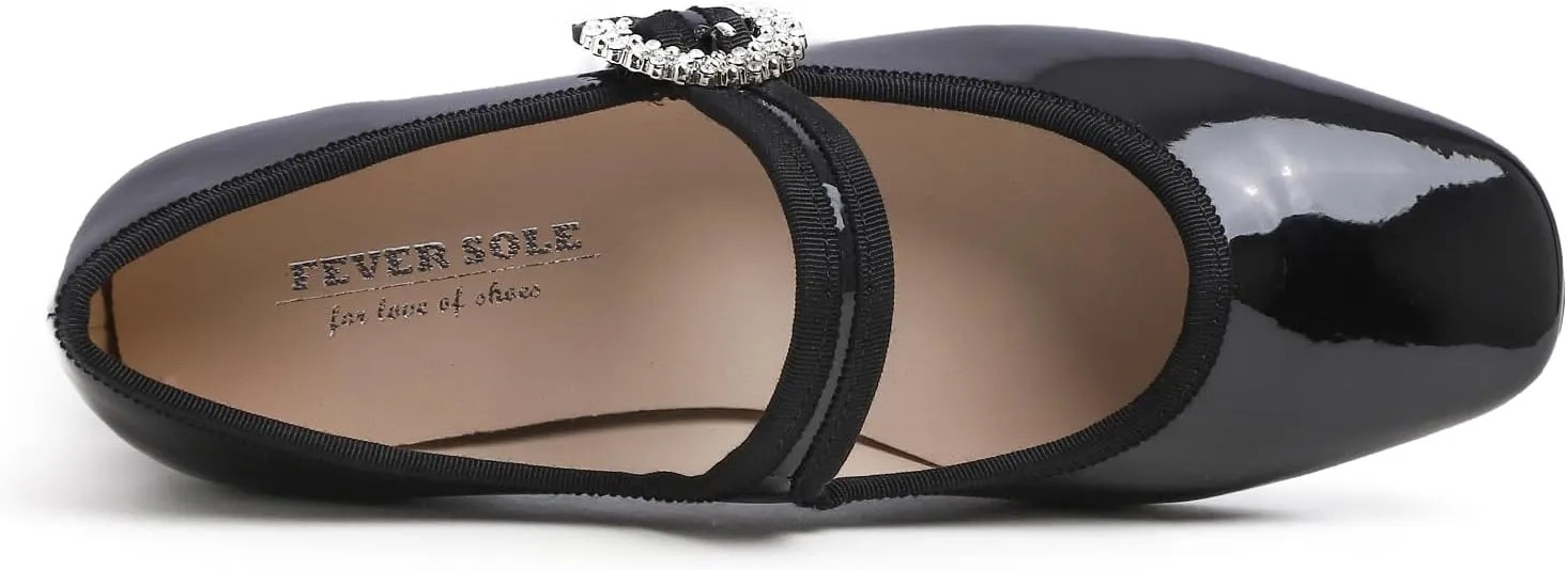 FEVERSOLE Women's Mary Jane Fashion Square Toe Easy Buckle Low Heel Slip On Flats