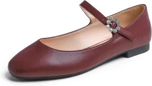 FEVERSOLE Women's Mary Jane Fashion Square Toe Easy Buckle Slip On Flats