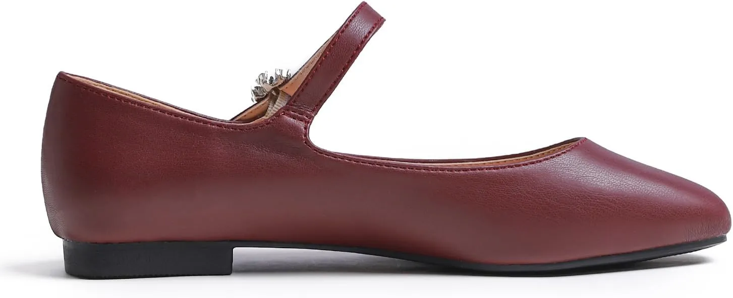 FEVERSOLE Women's Mary Jane Fashion Square Toe Easy Buckle Slip On Flats