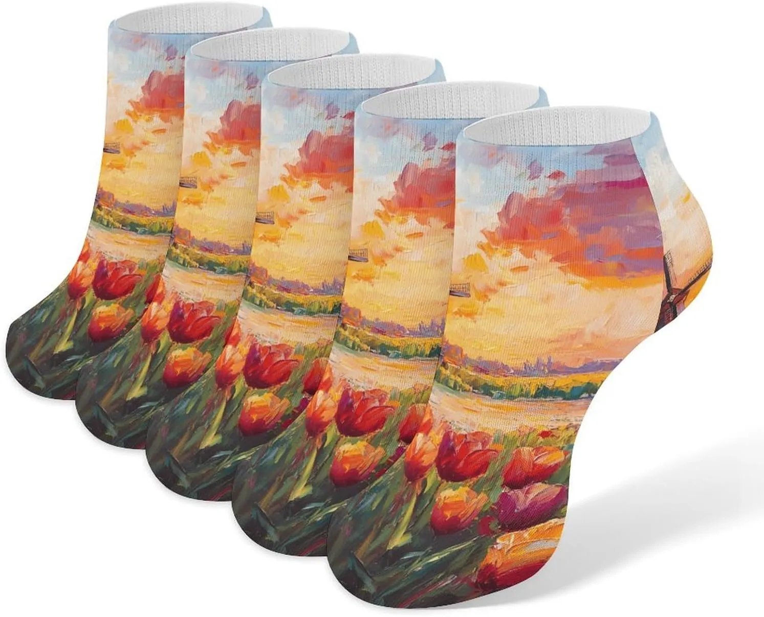 Field Of Tulips And Windmill Ankle No Show Socks Soft Loafer Socks Low Cut Non Slip Flat Sock 5 PC
