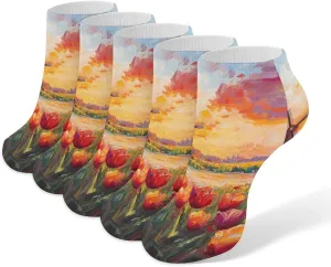 Field Of Tulips And Windmill Ankle No Show Socks Soft Loafer Socks Low Cut Non Slip Flat Sock 5 PC
