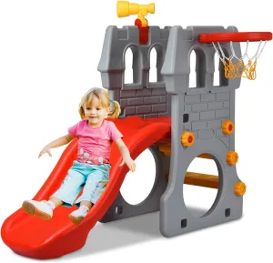 Fireflowery Toddler Slide, 5-in-1 Plastic Baby Slide, Kids Slide w/Basketball Hoop, Telescope, Climbing Stairs, Crawl Through Space, Toddler Slide Indoor, Outdoor,Backyard, Playground