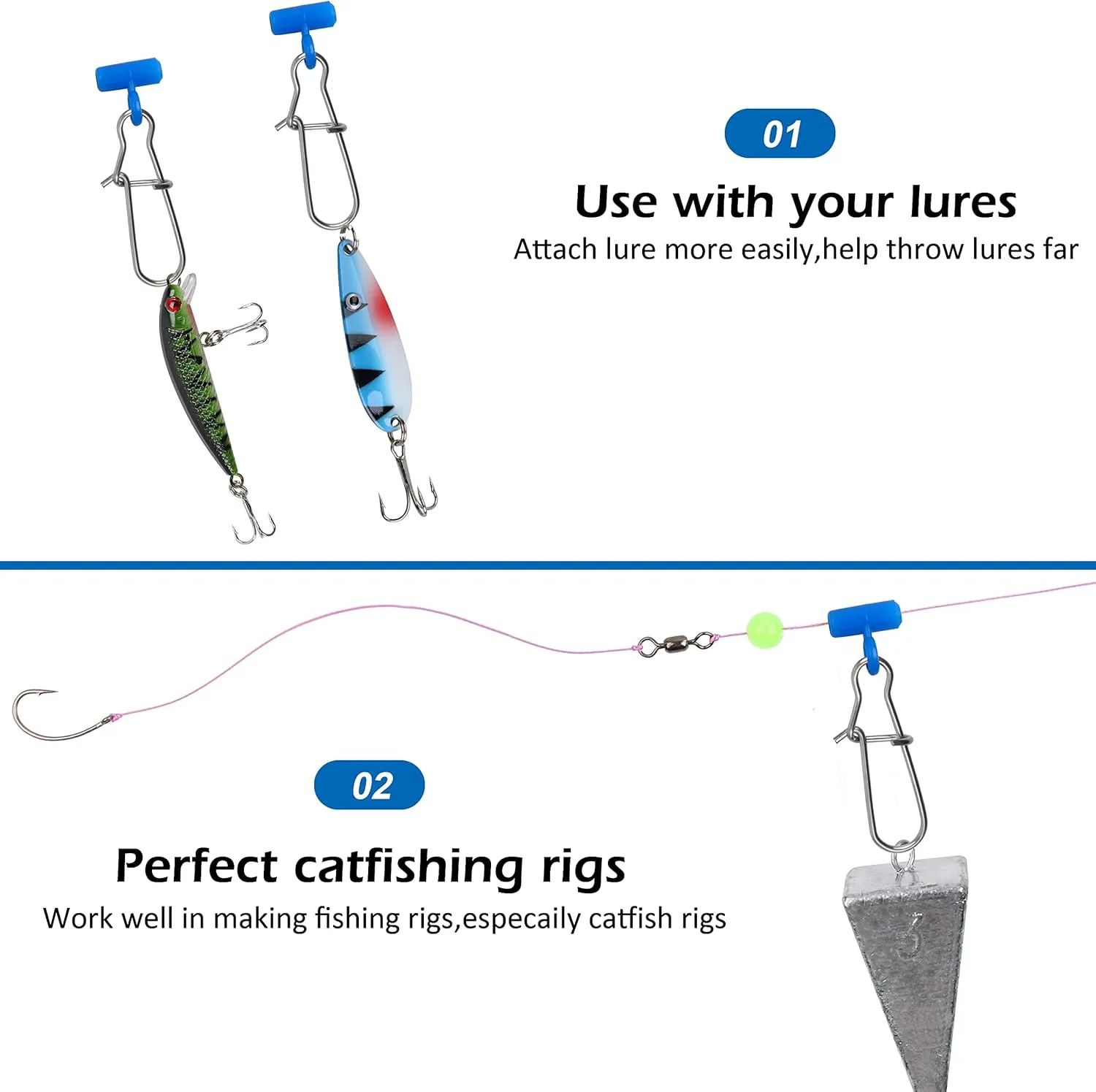 Fishing Sinker Slides High-Strength Braid Line Sinker Sliders with Duo-Lock Snap Saltwater Heavy Duty Sinker Weights Connector for Catfish Striper Surf Fishing Rig