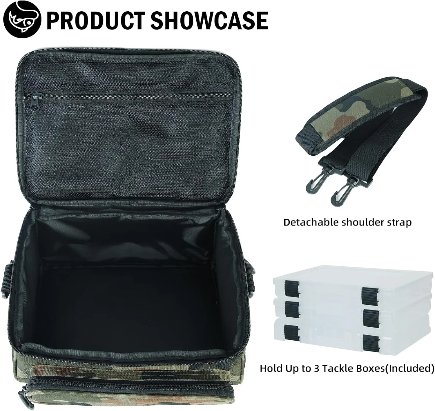 Fishing Tackle Bags Resistant Fishing Gear Storage for Saltwater or Freshwater Fishing Removeable Shoulder Strap with 3 Tackle Trays for Outdoor Camouflage
