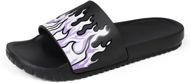 Flame Print Rubber Slippers Men,Flat Slide Sandals, Indoor Outdoor, Black with Yellow Fire Design, Large Size,
