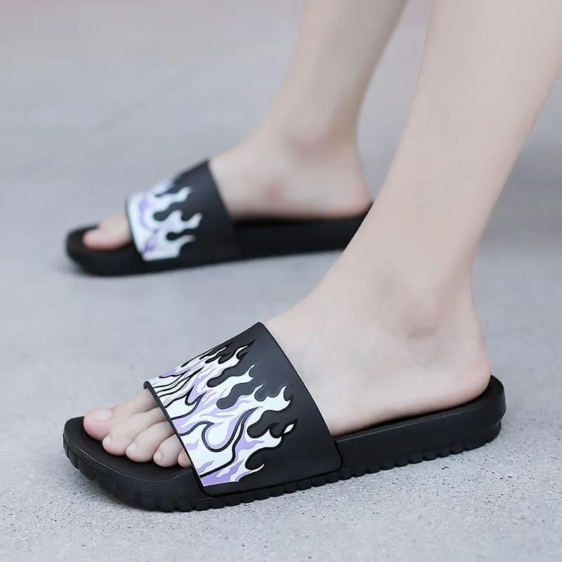Flame Print Rubber Slippers Men,Flat Slide Sandals, Indoor Outdoor, Black with Yellow Fire Design, Large Size,