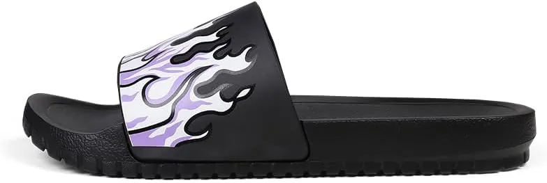 Flame Print Rubber Slippers Men,Flat Slide Sandals, Indoor Outdoor, Black with Yellow Fire Design, Large Size,