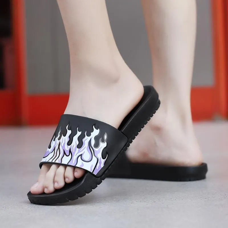 Flame Print Rubber Slippers Men,Flat Slide Sandals, Indoor Outdoor, Black with Yellow Fire Design, Large Size,