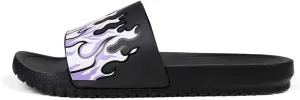 Flame Print Rubber Slippers Men,Flat Slide Sandals, Indoor Outdoor, Black with Yellow Fire Design, Large Size,