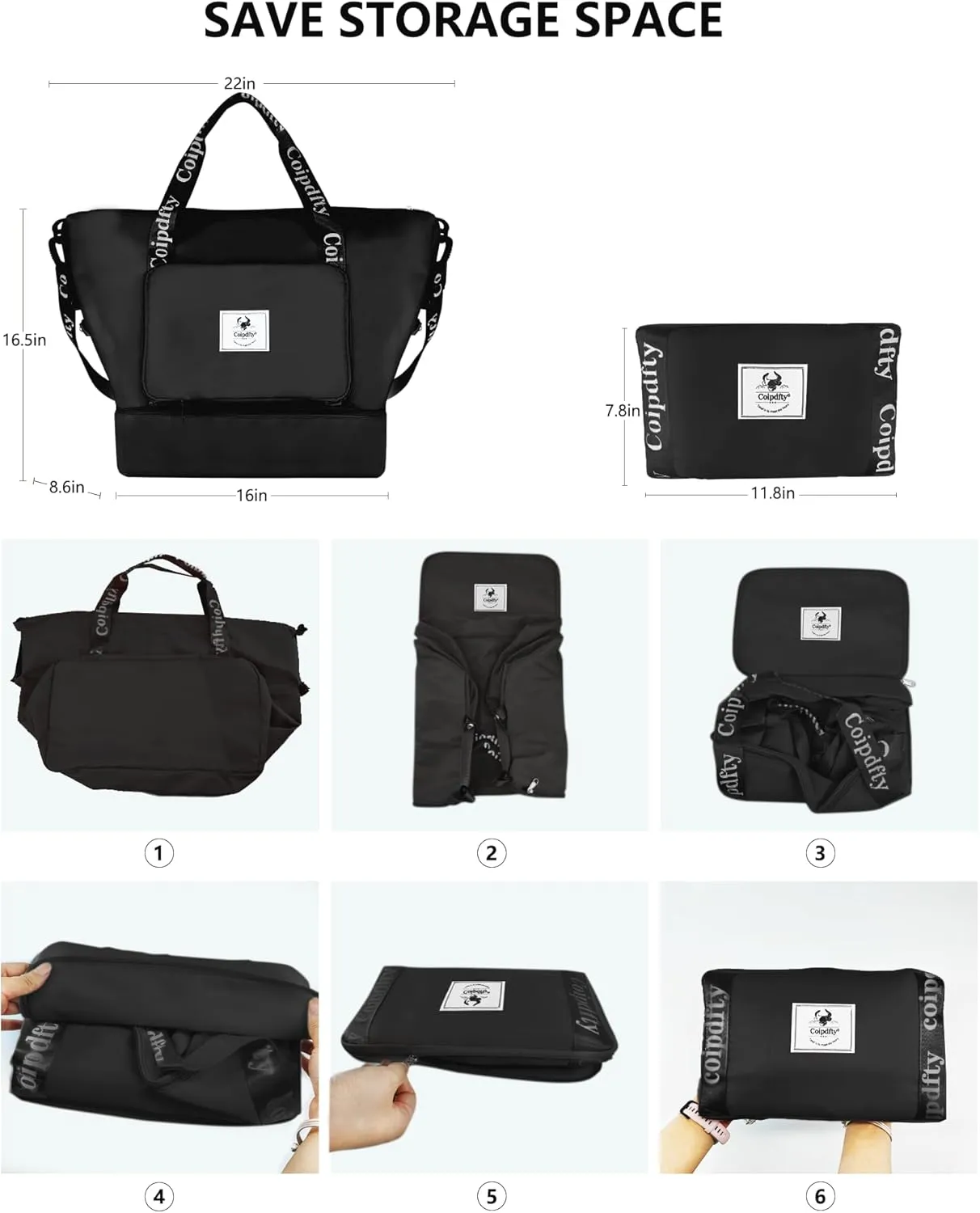 Foldable Dry/Wet Travel Duffle Bag, Shoe Compartment, Large Capacity, Luggage Sleeve, Gym Weekender Bag