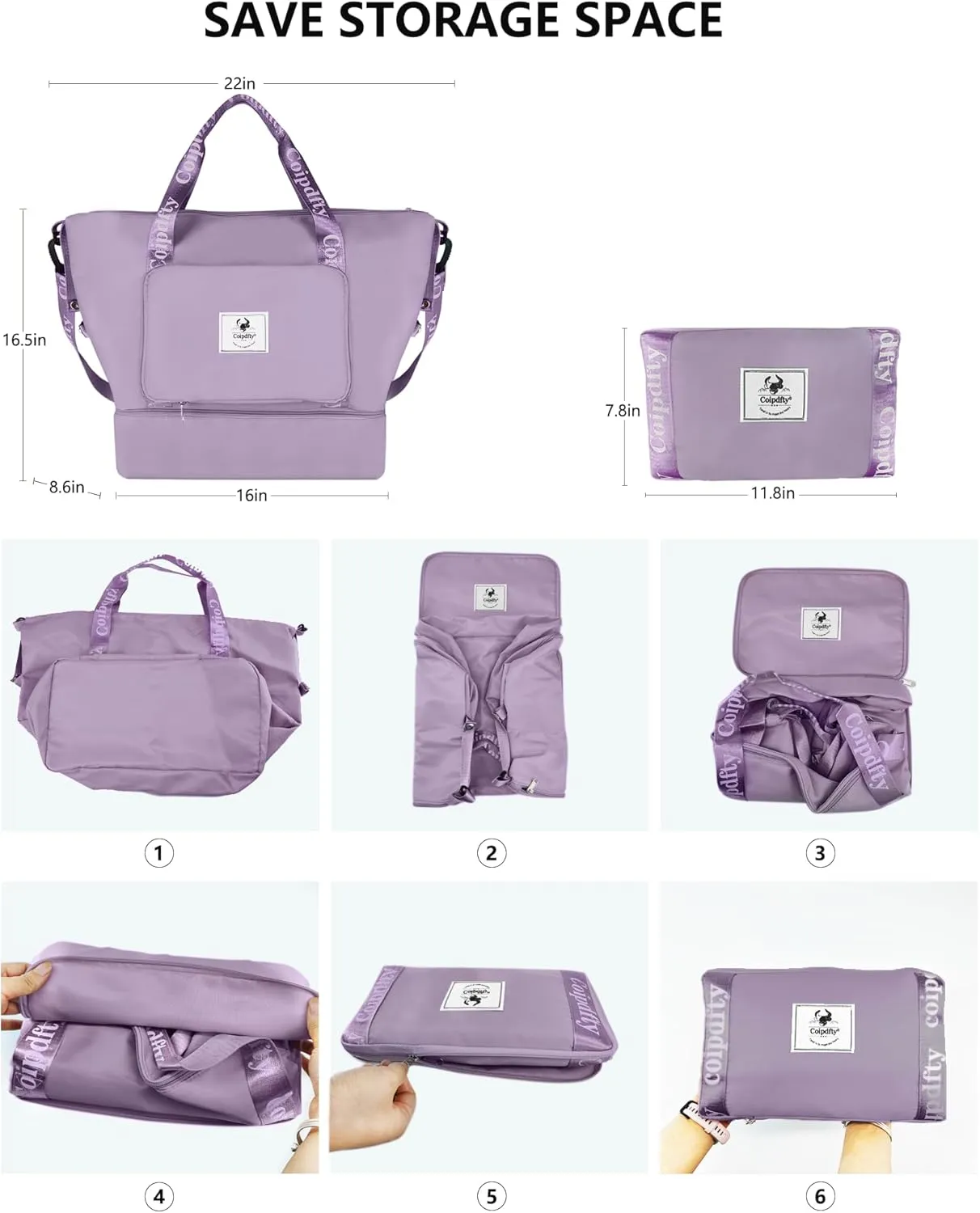 Foldable Dry/Wet Travel Duffle Bag, Shoe Compartment, Large Capacity, Luggage Sleeve, Gym Weekender Bag