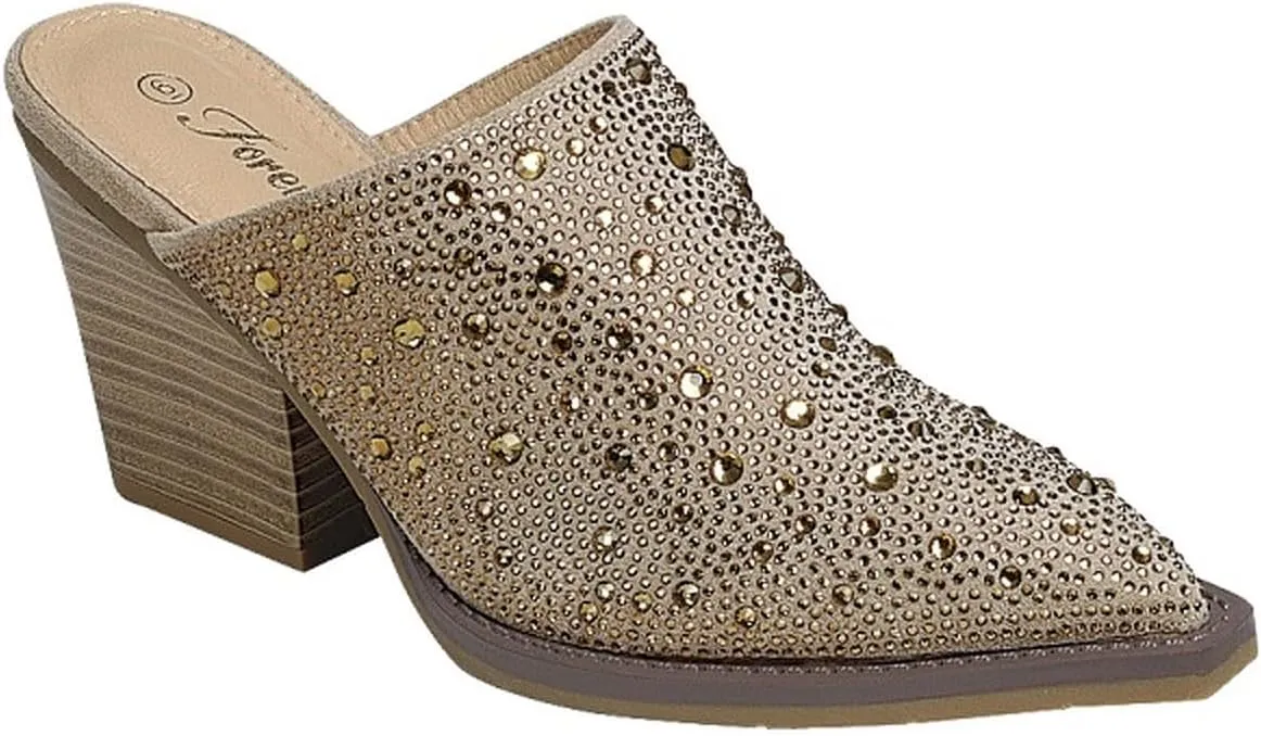 Forever Women Pointed Toe Rhinestone Slip on Mules Chunky Heel Sandals