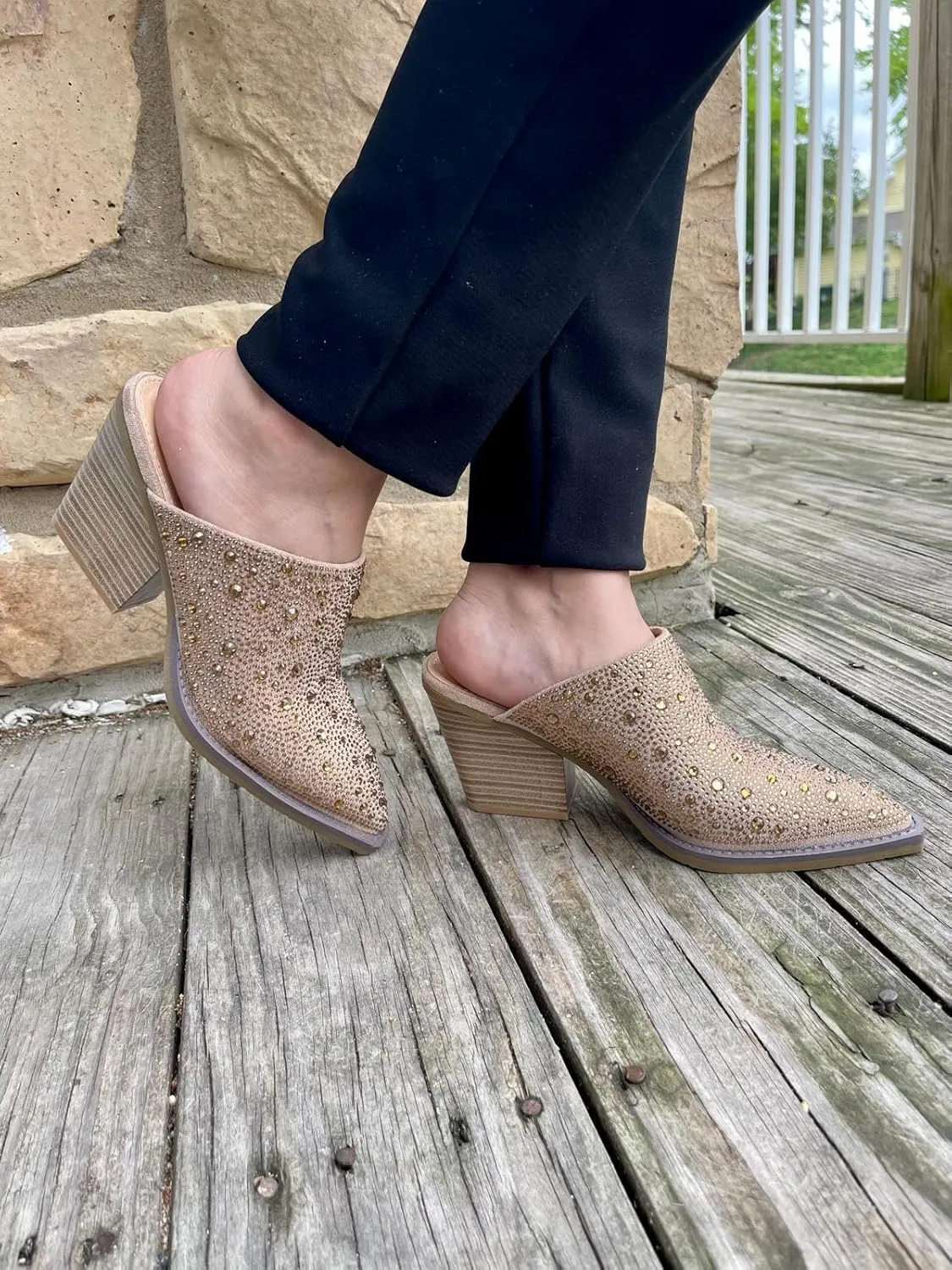 Forever Women Pointed Toe Rhinestone Slip on Mules Chunky Heel Sandals