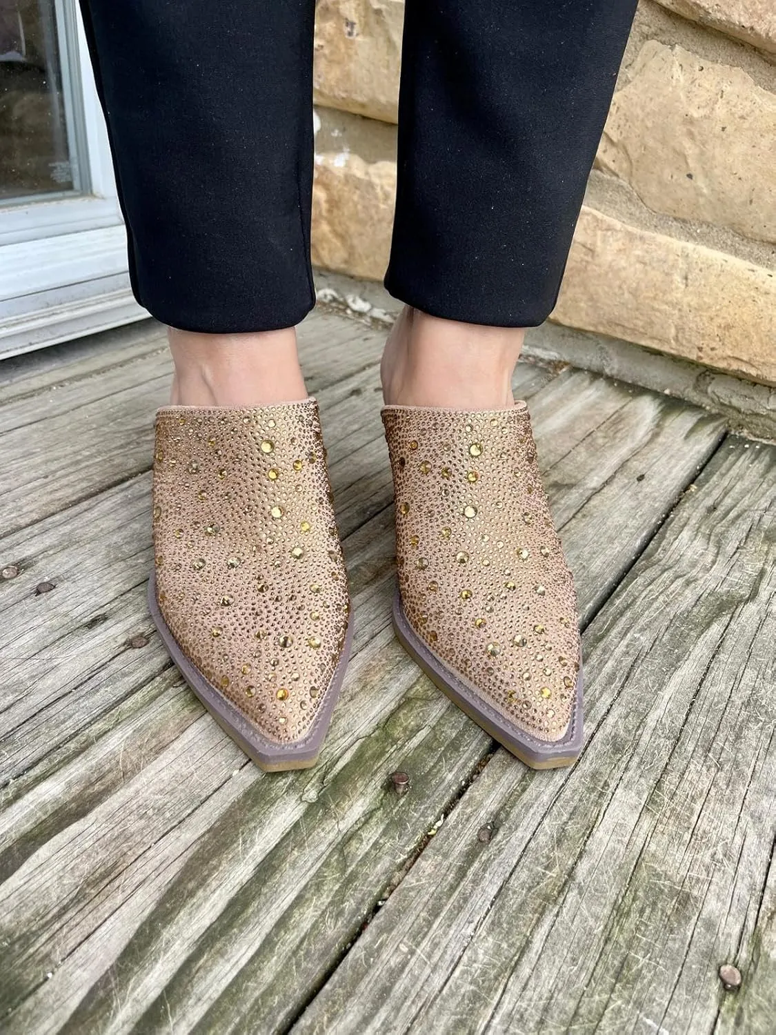 Forever Women Pointed Toe Rhinestone Slip on Mules Chunky Heel Sandals