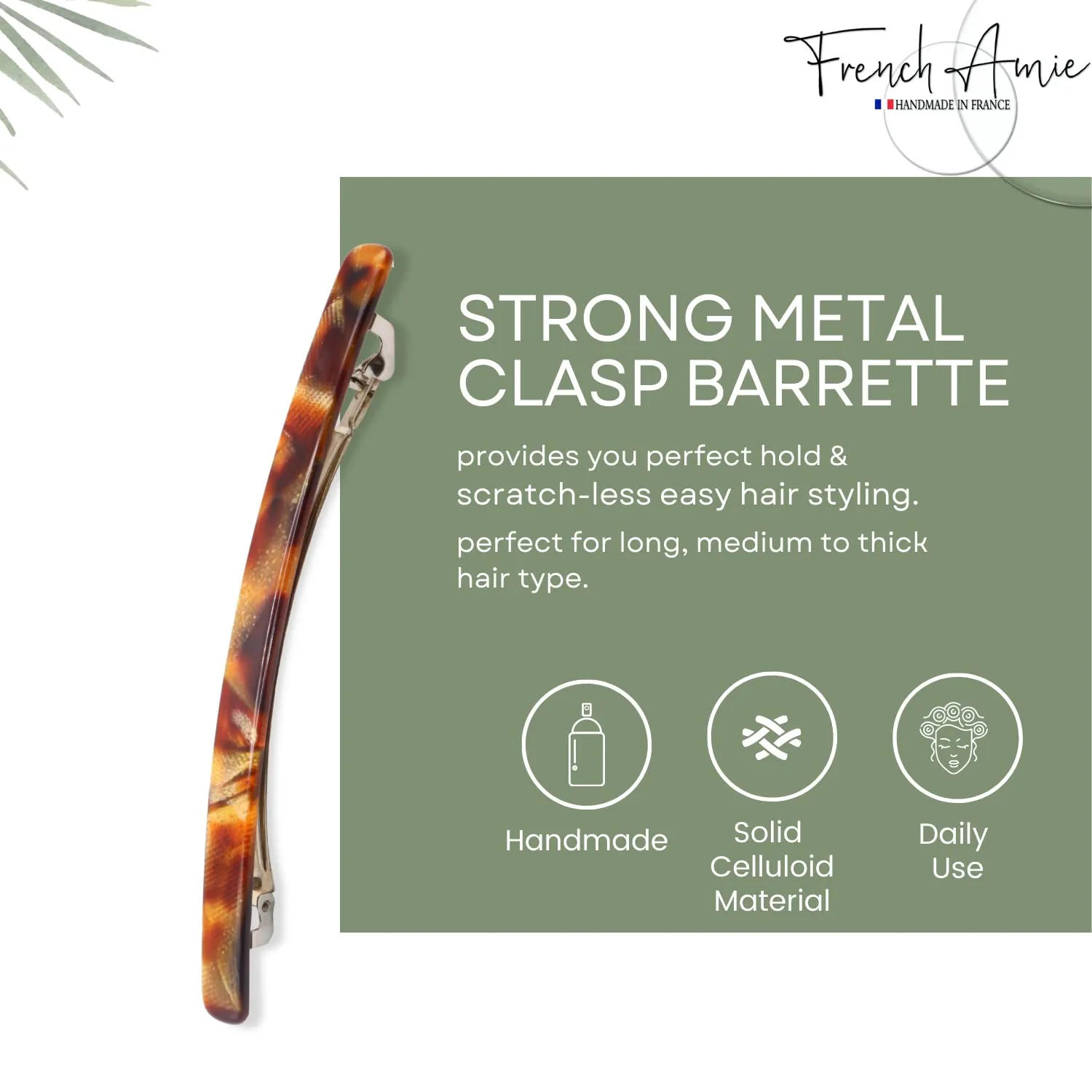 French Amie Long and Thin Caramel Large 4” Handmade Celluloid Automatic Sleek Hair Clip Barrette for Women and Girls (Caramel)