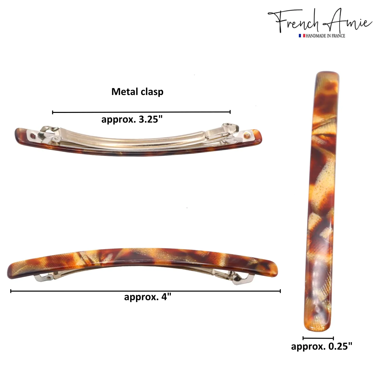 French Amie Long and Thin Caramel Large 4” Handmade Celluloid Automatic Sleek Hair Clip Barrette for Women and Girls (Caramel)