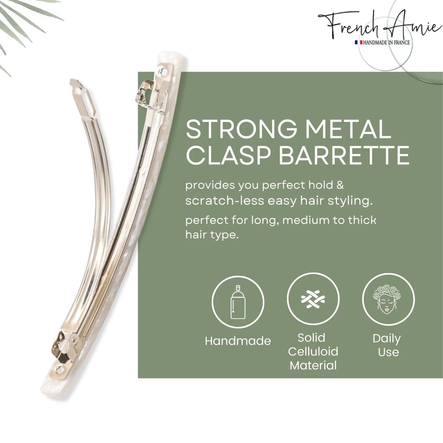 French Amie Long and Thin Frost White Large 4” Handmade Celluloid Automatic Hair Clip Barrette for Women and Girls (Frost White)