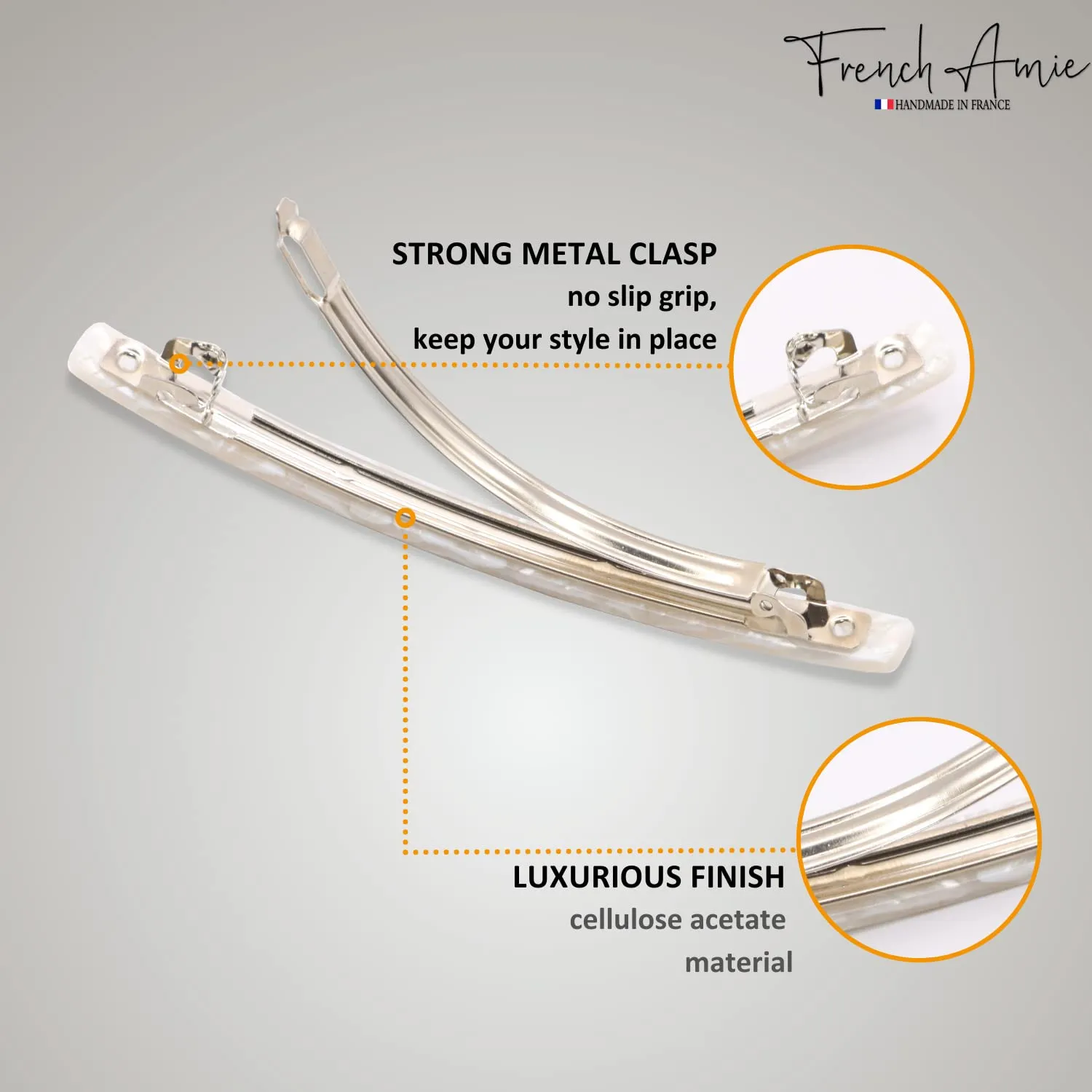 French Amie Long and Thin Frost White Large 4” Handmade Celluloid Automatic Hair Clip Barrette for Women and Girls (Frost White)