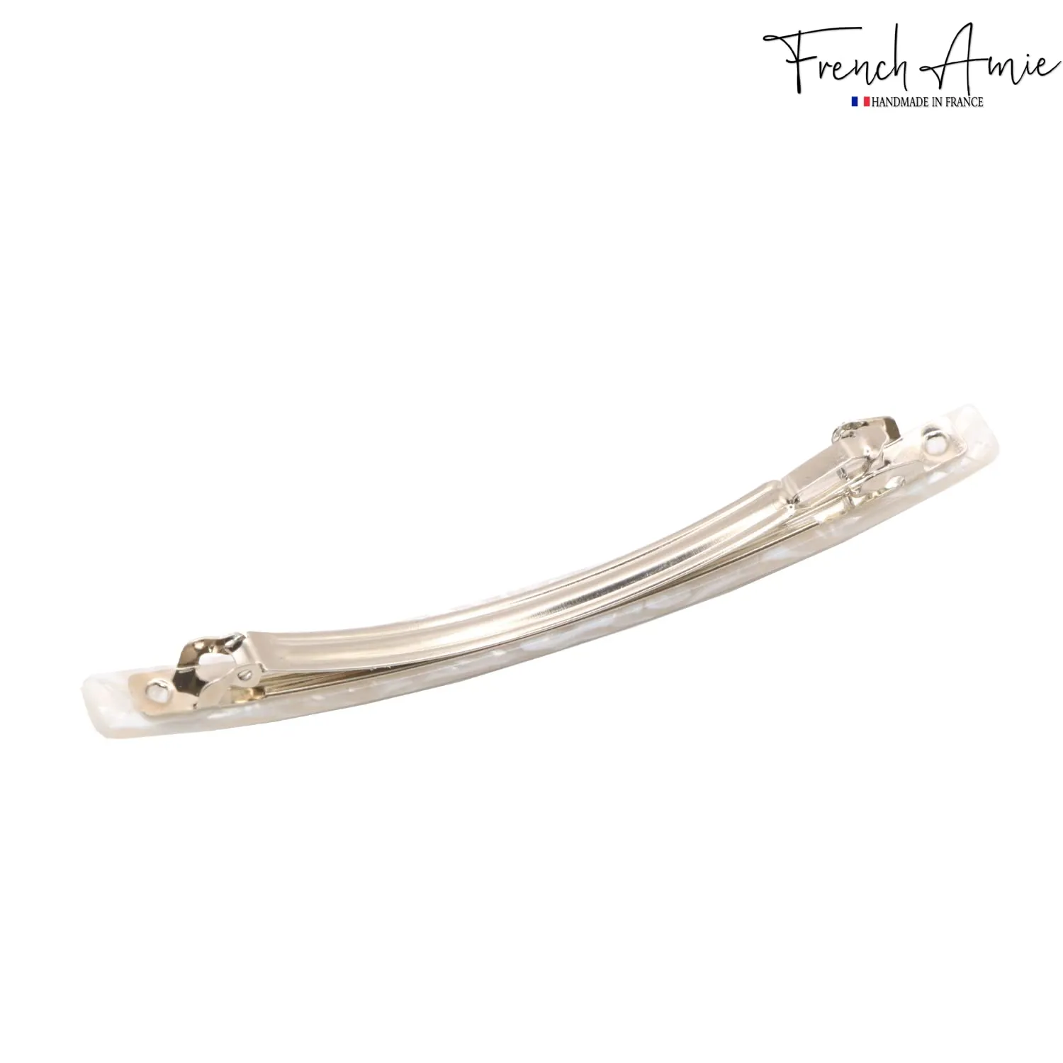 French Amie Long and Thin Frost White Large 4” Handmade Celluloid Automatic Hair Clip Barrette for Women and Girls (Frost White)